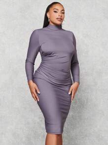 SHEIN BAE Talla grande Vestido ajustado de cuello cisne fruncido lateral - Púrpura polvoriento - Ver 1