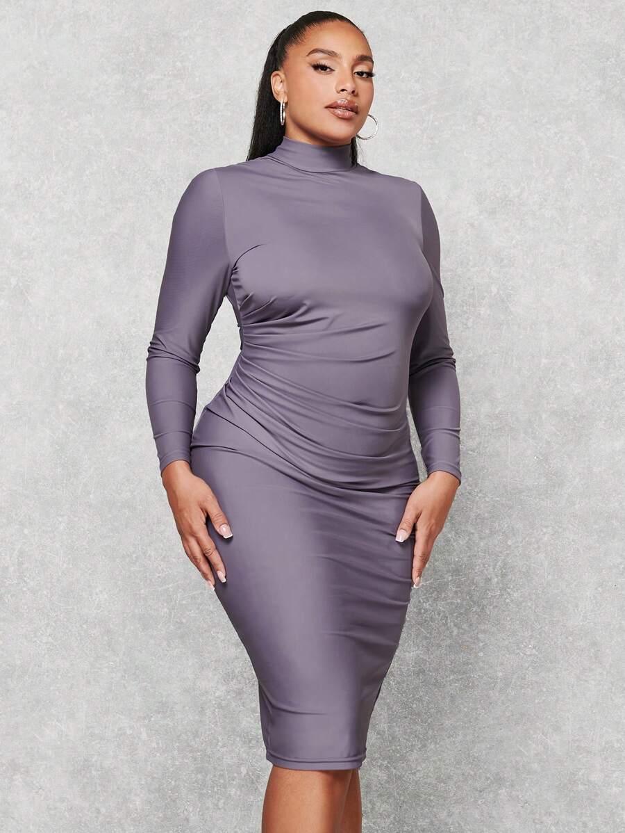 SHEIN BAE Talla grande Vestido ajustado de cuello cisne fruncido lateral - Púrpura polvoriento - Ver 1