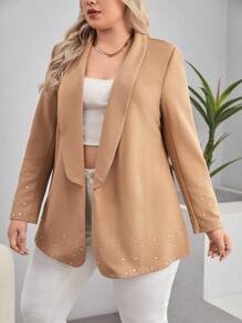 SHEIN Privé Plus Rhinestone Shawl Collar Open Front Blazer - Khaki - View 4