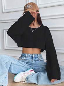 SHEIN Unity Áo len crop tay dài vai rớt, áo len dệt kim mùa thu đông. - màu đen - Xem 6