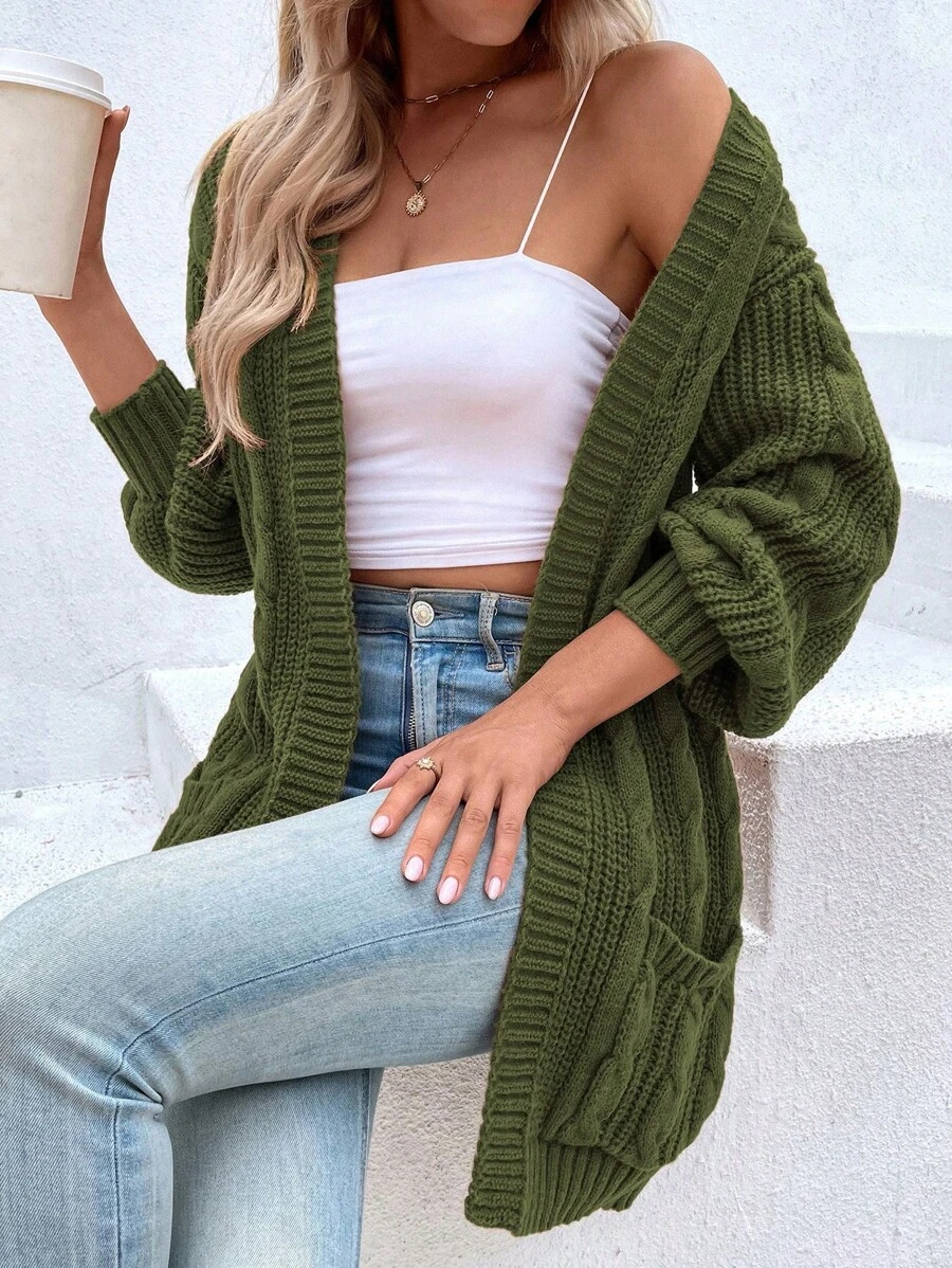 SHEIN LUNE Cable Knit Drop Shoulder Pocket Patched Duster Cardigan - Army Green - View 1