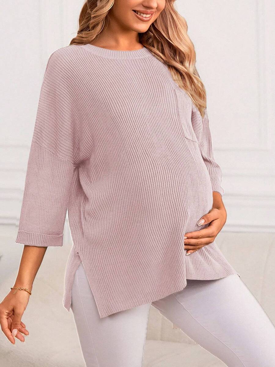 SHEIN Thai sản Thả vai Túi mặt trước Viền chia cắt Áo len - Hồng - Xem 1
