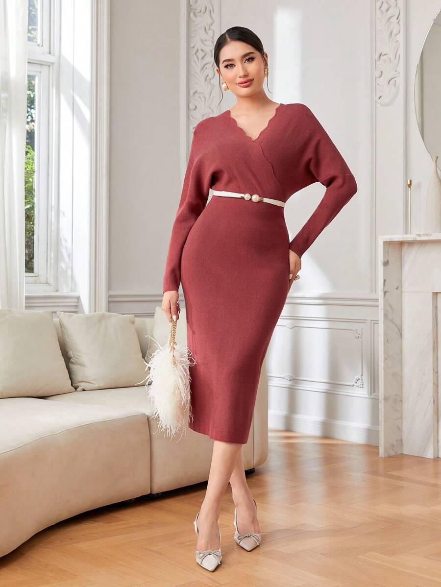 Modelyn Surplice Neck Batwing Sleeve Sweater Dress Without Belt - Burgundy - View 1