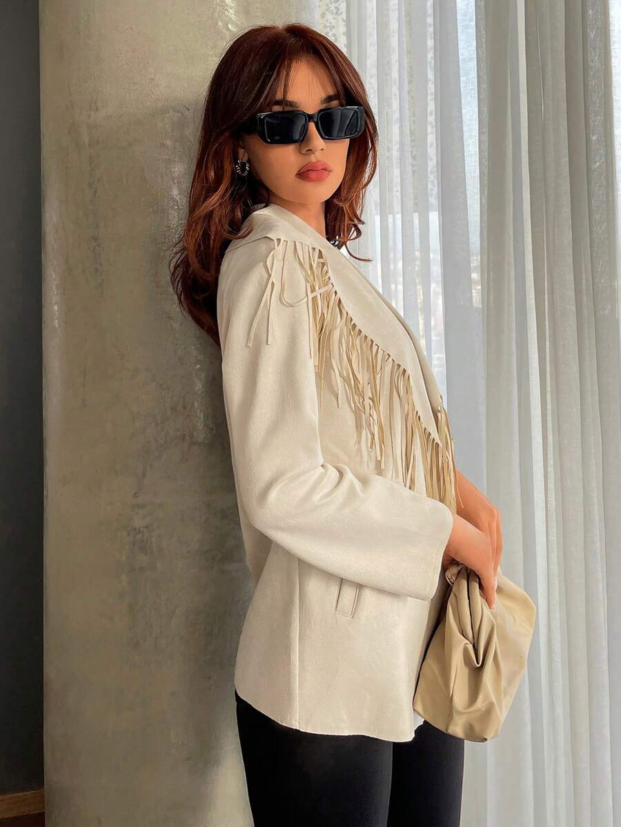 SHEIN Privé Fringe Trim Waterfall Collar Fringe Trim Open Front Coat - Khaki - View 1