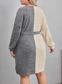 SHEIN Privé 大碼雙色落肩袖繫腰帶洋裝 - 灰色 - 查看 2