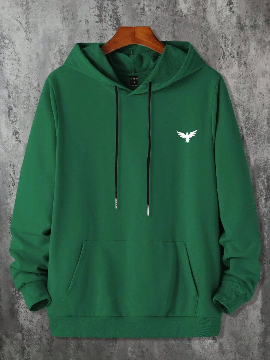 Manfinity Hypemode Men Eagle Print Kangaroo Pocket Drawstring Hoodie - Dark Green - View 1