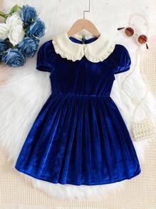 SHEIN 女小童泡泡袖彼得潘領洋裝 - 藍色 - 查看 1