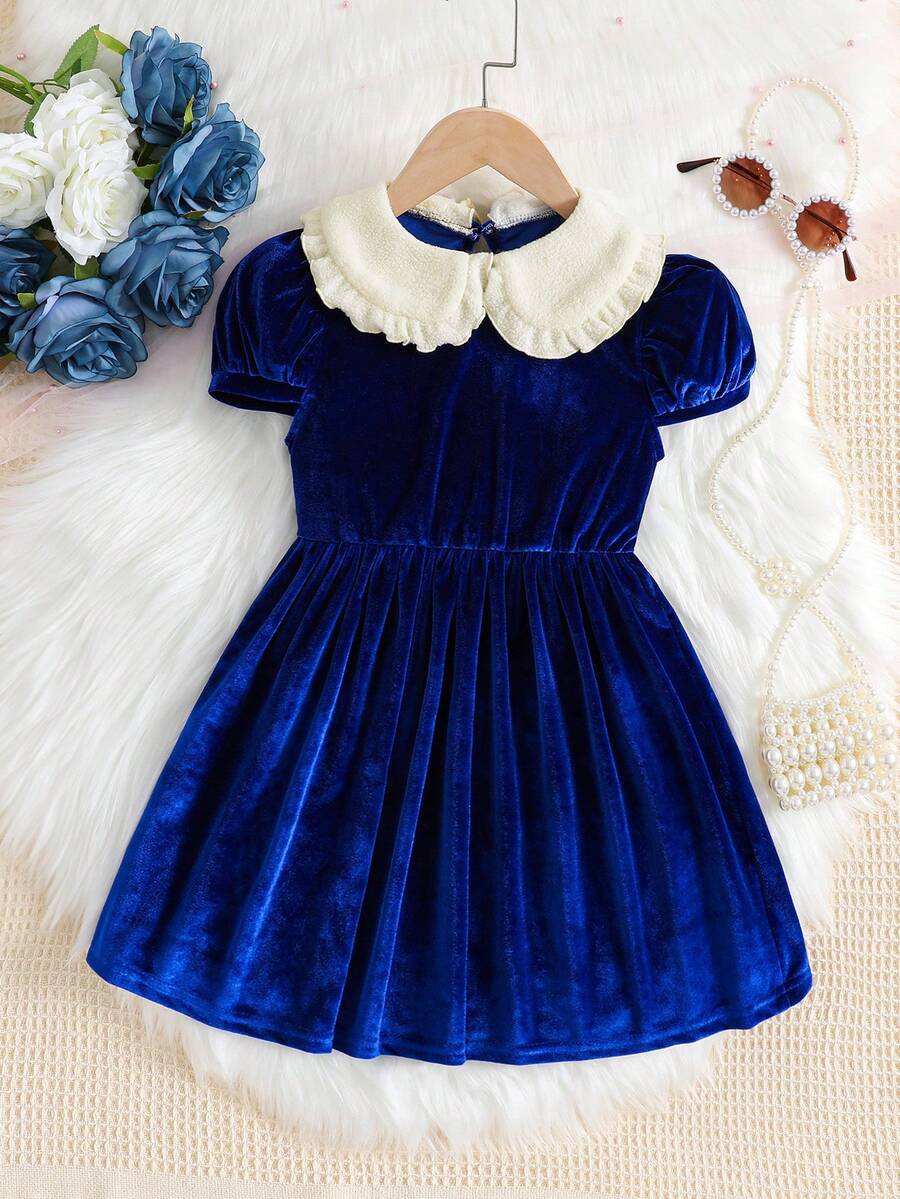 SHEIN 女小童泡泡袖彼得潘領洋裝 - 藍色 - 查看 1