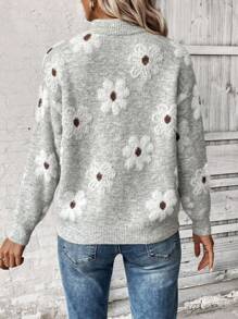 SHEIN LUNE Floral Pattern Drop Shoulder Half Zip Drop Shoulder Sweater Knit Pullover Fall Winter Outfit - Grey - View 2