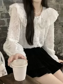 Solid Ruffle Trim Statement Collar Fuzzy Blouse,Long Sleeve Tops