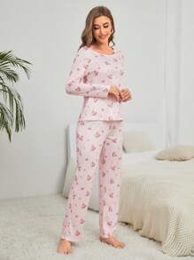 Floral Print Tee & Pants PJ Set / Pajama Set, Fall Winter Clothes - Pink - View 6