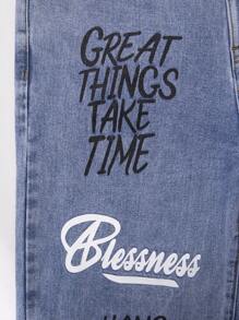 青少年女孩標語圖案破洞牛仔褲 - 淺色水洗藍 - 查看 4