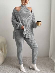 SHEIN Essnce Plus Plunging Neck Split Hem Tee & Halter Top & Leggings