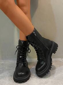 Women's Mid-Calf Black  Boots With Side Zipper, Thick Sole, Increased Height, British Style, Versatile Boots - Black - View 2