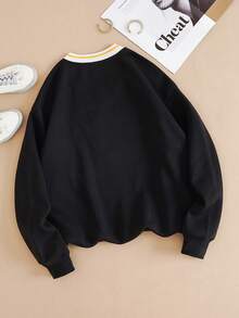 SHEIN EZwear 字母圖案條紋飾邊加絨內裏運動衫 - 黑色 - 查看 2