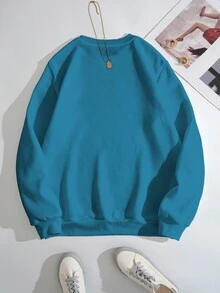SHEIN EZwear Letter Embroidery Thermal Lined Sweatshirt - Teal Blue - View 2