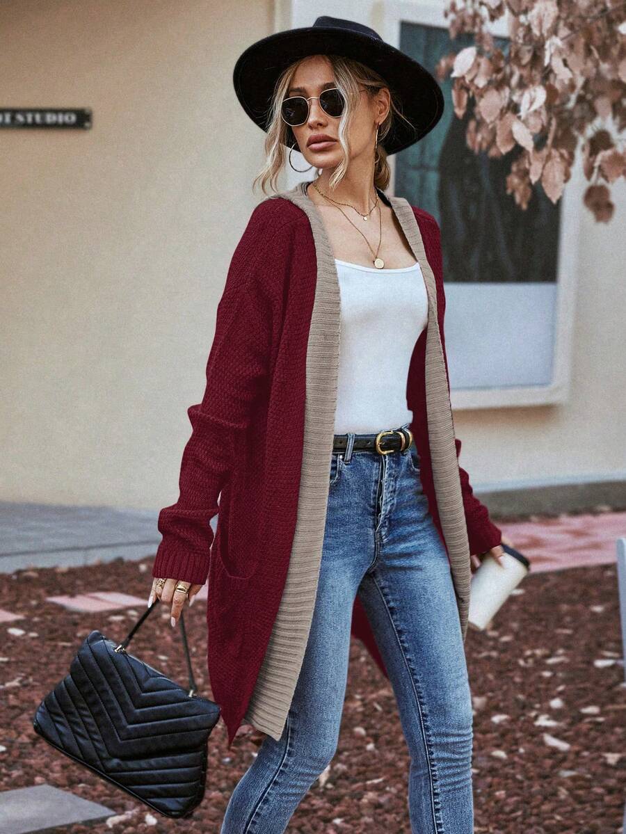 SHEIN LUNE Túi Kép Thả vai Mở Mặt trước áo có mũ Áo len Mở - Màu Đỏ Sâu - Xem 1