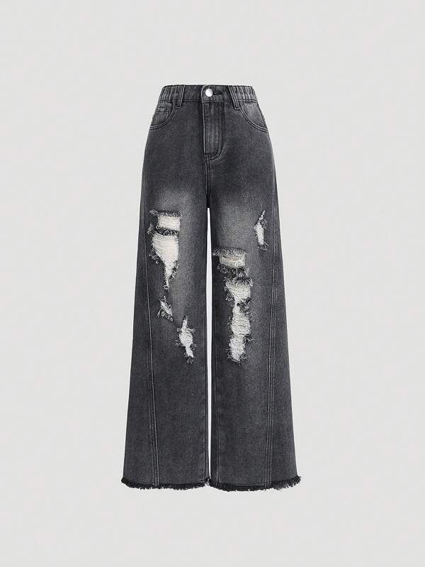 Tween Girls' Wide Leg Jeans With Distressed Design SHEIN USA