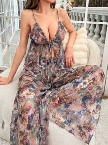 Floral Print Tie Front Mesh PJ Set / Pajama Set - Multicolor - View 5