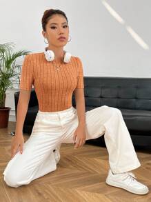 SHEIN EZwear 素色條紋針織T恤 - 珊瑚橙 - 查看 3