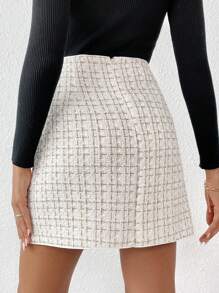 SHEIN Frenchy Plaid Fake Button Tweed Skirt Winter Elegant Spring - Apricot - View 2