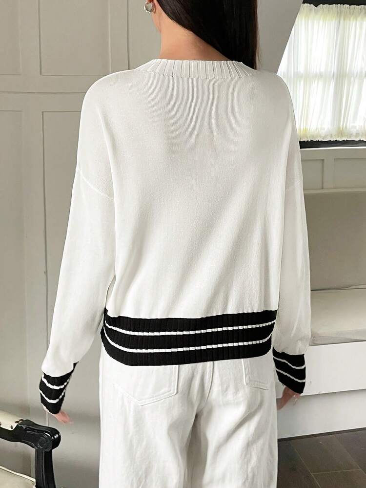 Striped Trim Drop Shoulder Knit Pullover Fall Winter Sweater