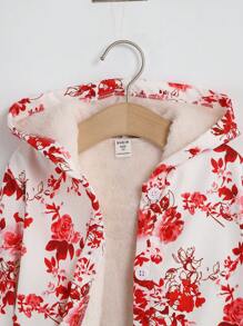 SHEIN 女小童印花毛絨內襯連帽外套 - 紅色 - 查看 3