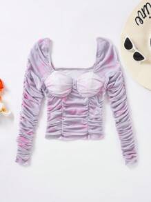 Soleia 雞心領口褶邊網紗T恤 - 彩色 - 查看 1