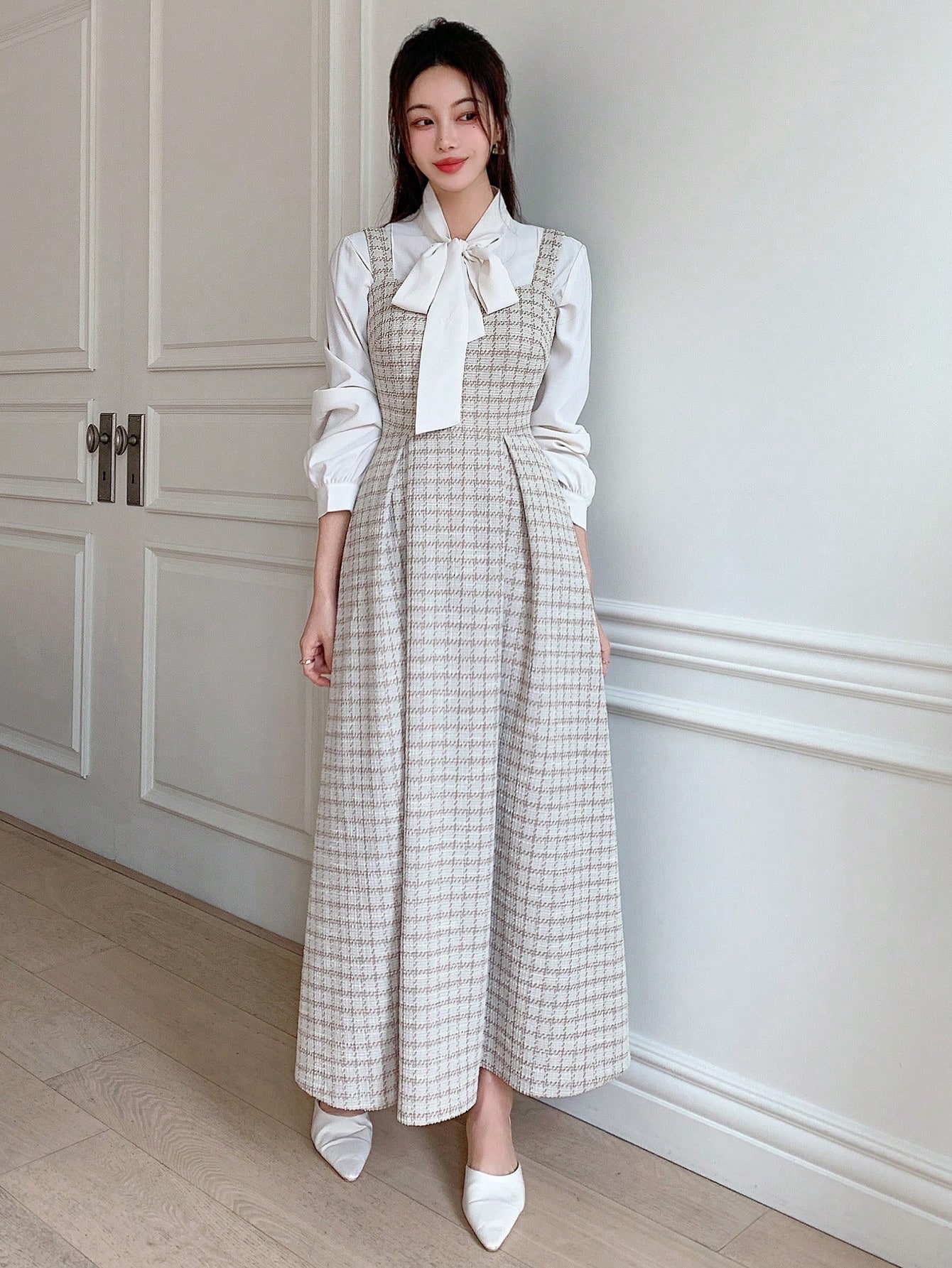 DAZY فستان طويل بدون أكمام بتصميم مربعات، فستان طو...