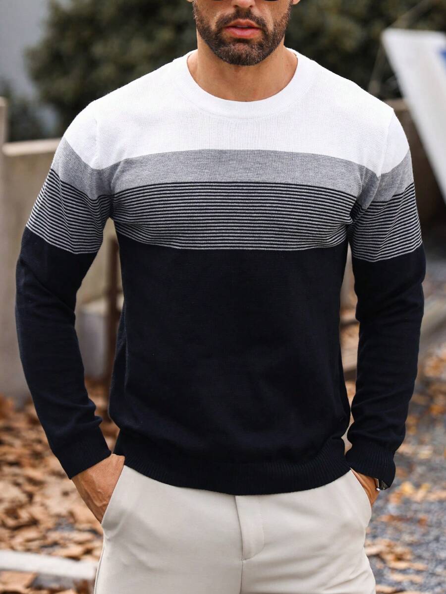 Manfinity Mode Men's Contrast Color Crew Neck Long Sleeve Casual Knit Sweater