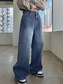 DAZY 高腰阔腿牛仔裤、宽松牛仔裤 - 中等水洗藍 - 查看 1
