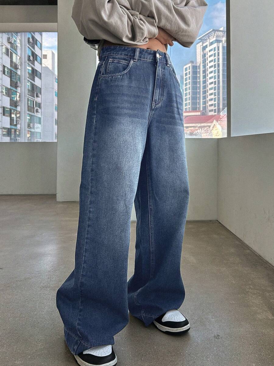 DAZY 高腰阔腿牛仔裤、宽松牛仔裤 - 中等水洗藍 - 查看 1