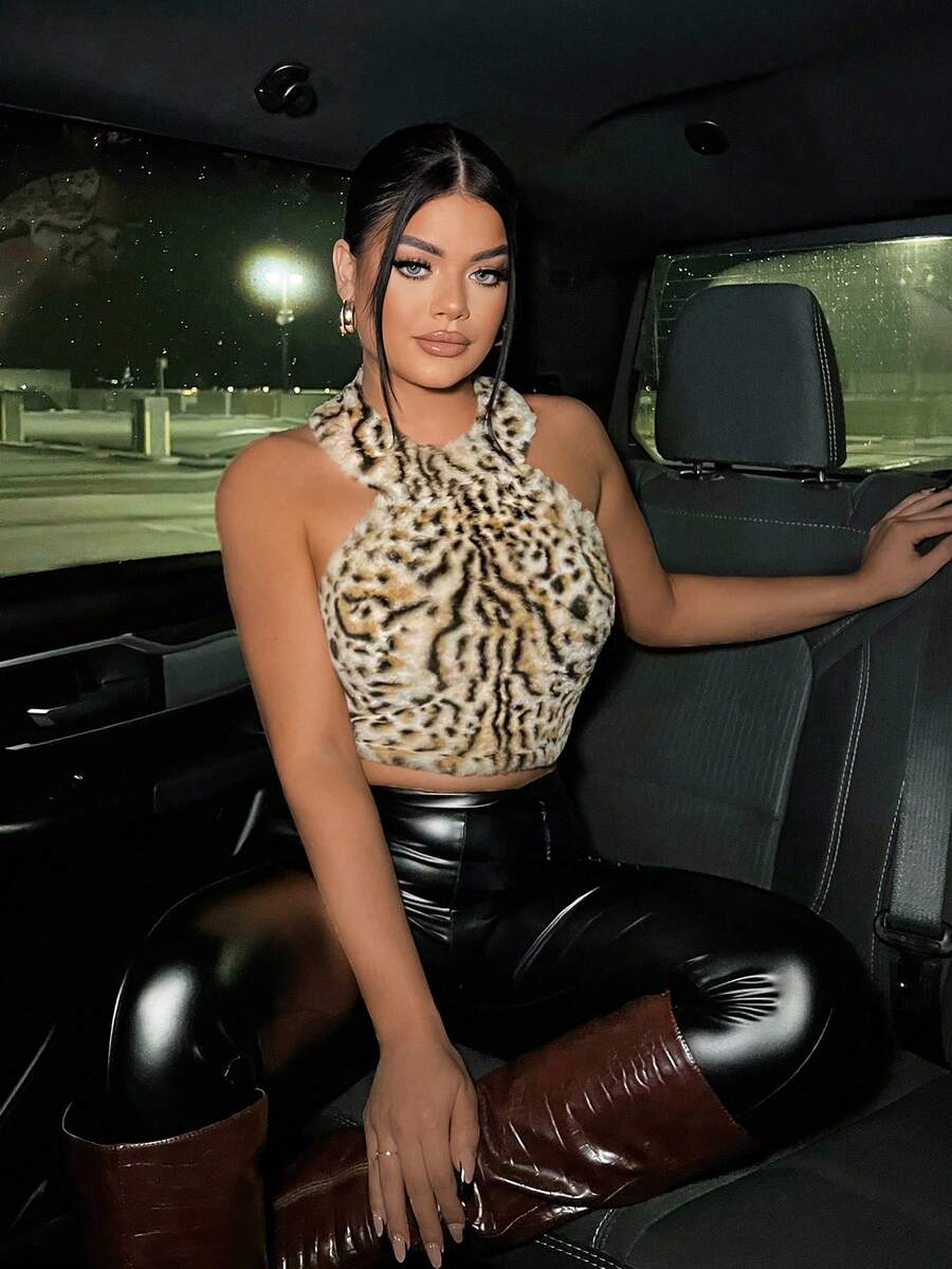 SHEIN SXY Leopard Print Crop Halter Top - Multicolor - View 1