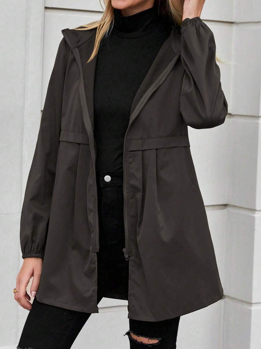 SHEIN LUNE Chất rắn Dây kéo Áo trùm đầu - Màu nâu Sô-cô-la - Xem 1