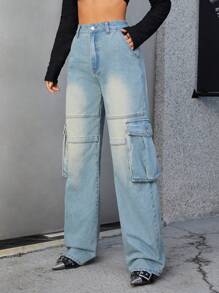 SHEIN ICON Flap Pocket Side Cargo Jeans - Blue - View 4