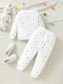 SHEIN Young Girl Polka Dot Pattern Flannel Sweatshirt & Sweatpants - White - View 2