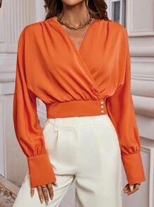 SHEIN Clasi 交疊領紐扣細節短款襯衫 - 橘色 - 查看 4