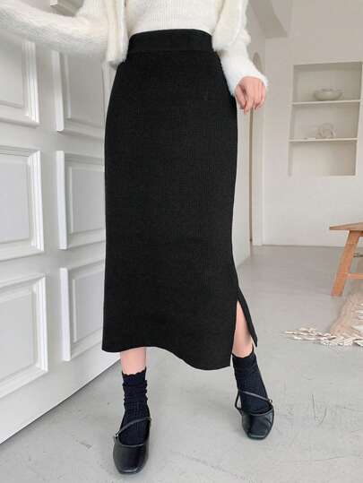 DAZY Falda de suéter de punto acanalado con bajo dividido, otoño e invierno