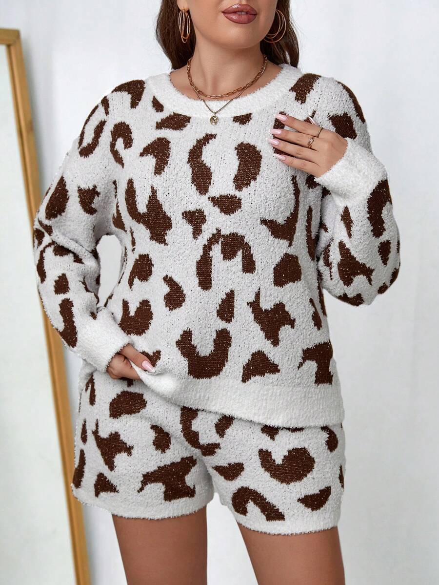 SHEIN Unity Plus Leopard Pattern Drop Shoulder Sweater & Knit Shorts - Multicolor - View 1