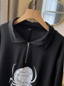 SHEIN LUNE Plus Spider Print Quarter Zip Sweatshirt - Black - View 6