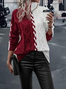 SHEIN LUNE Jersey de dos tonos de cuello cisne tejido de cable de hombros caídos - Rojo - Ver 3