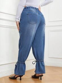 SHEIN Privé Plus High Waist Ripped Knot Hem Ripped Jeans - Dark Wash - View 5