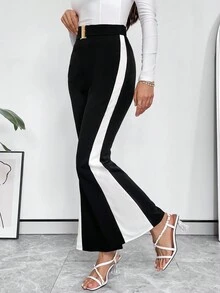 SHEIN Privé Contrast Side Seam Flare Leg Pants - Black and White - View 3