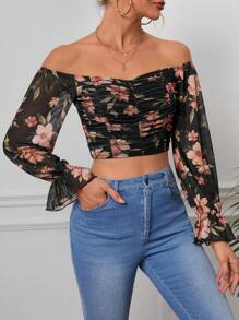 SHEIN VCAY Floral Print Off Shoulder Ruched Crop Top - Black - View 3
