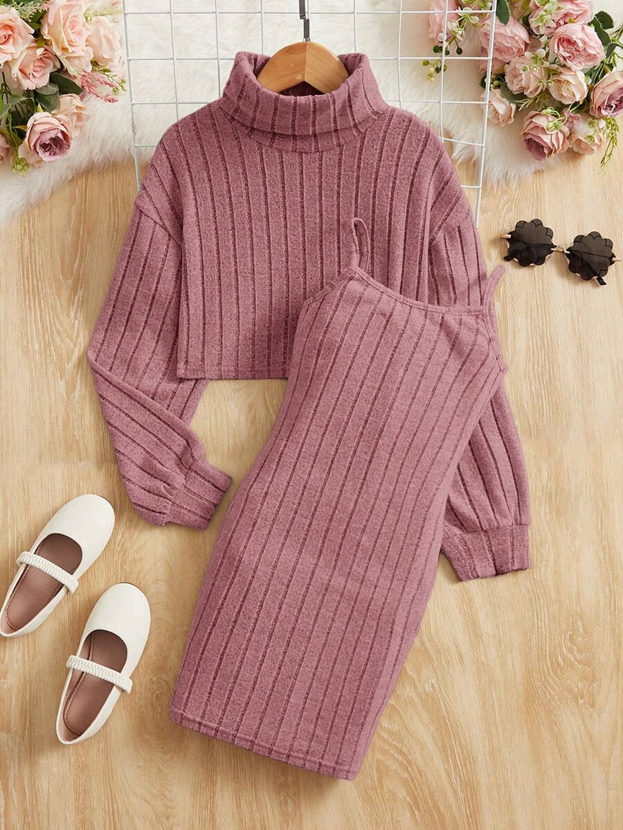 SHEIN Cô gái Tween Áo cao cổ Thả vai Áo & Váy Dây - Bụi hồng - Xem 1