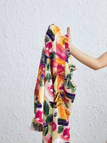 SHEIN VCAY Brush Print Notched Neckline Flounce Sleeve Blouse - Multicolor - View 7