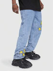 ROMWE MEN Street Life Guys Star Print Straight Leg Jeans - Blue - View 3