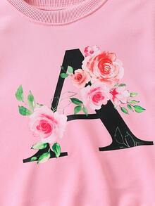 SHEIN 女小童花卉和字母圖案衛衣和衛褲 - 粉色 - 查看 3