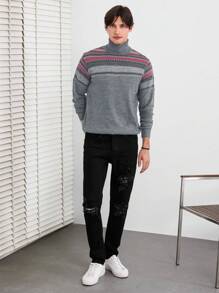 RueChic Men Geo Pattern Turtleneck Sweater - Grey - View 7