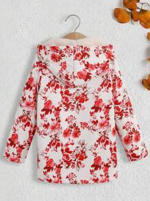 SHEIN 女小童印花毛絨內襯連帽外套 - 紅色 - 查看 2